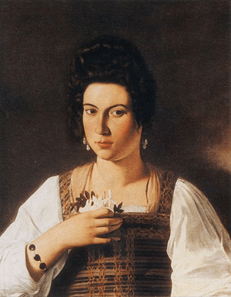 Fillide, at about 17, by Caravaggio (1597). She holds a sprig of Jasmine, a symbol of erotic love.